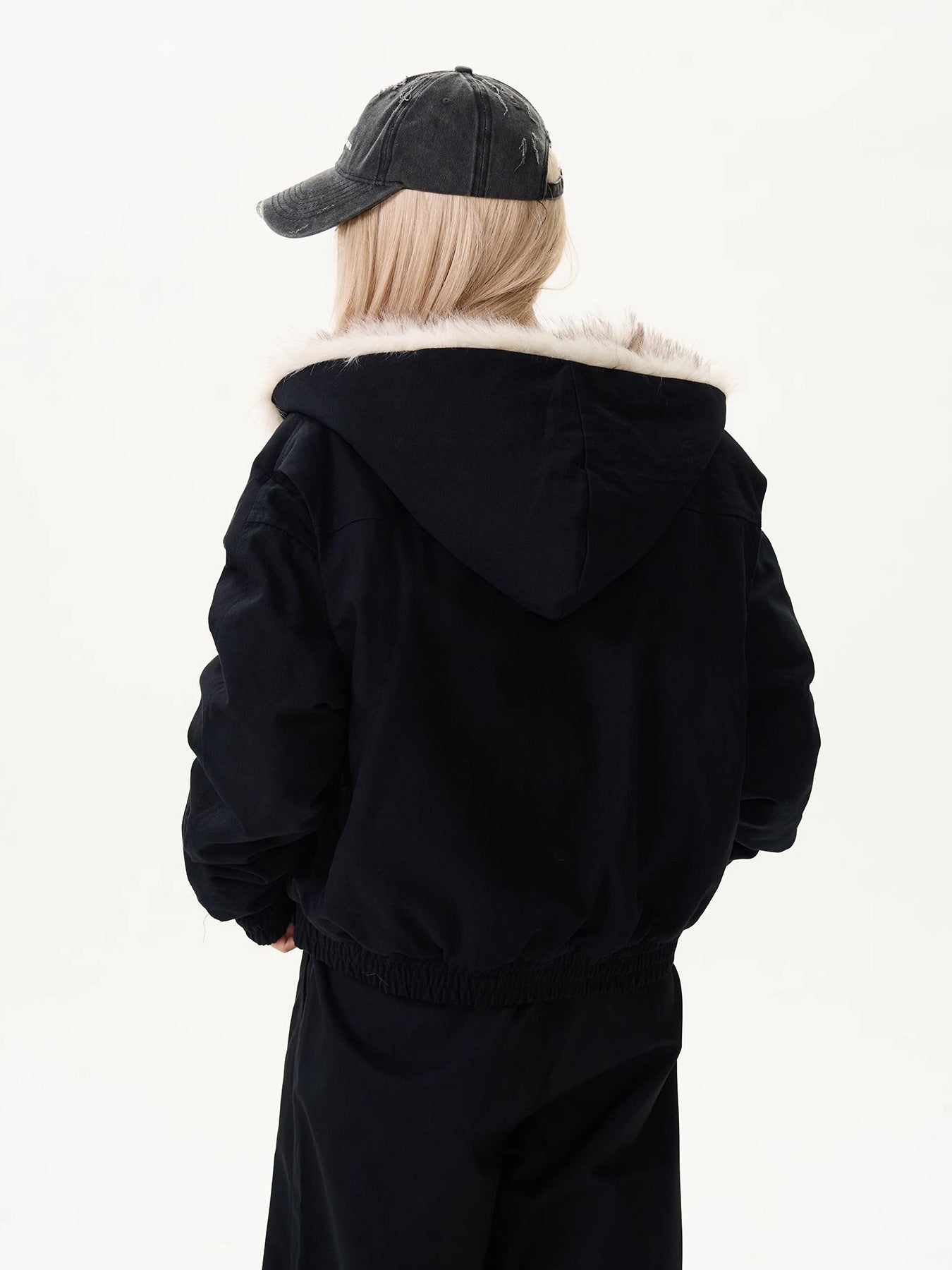 Black Faux Fur-Lined Bomber Jacket