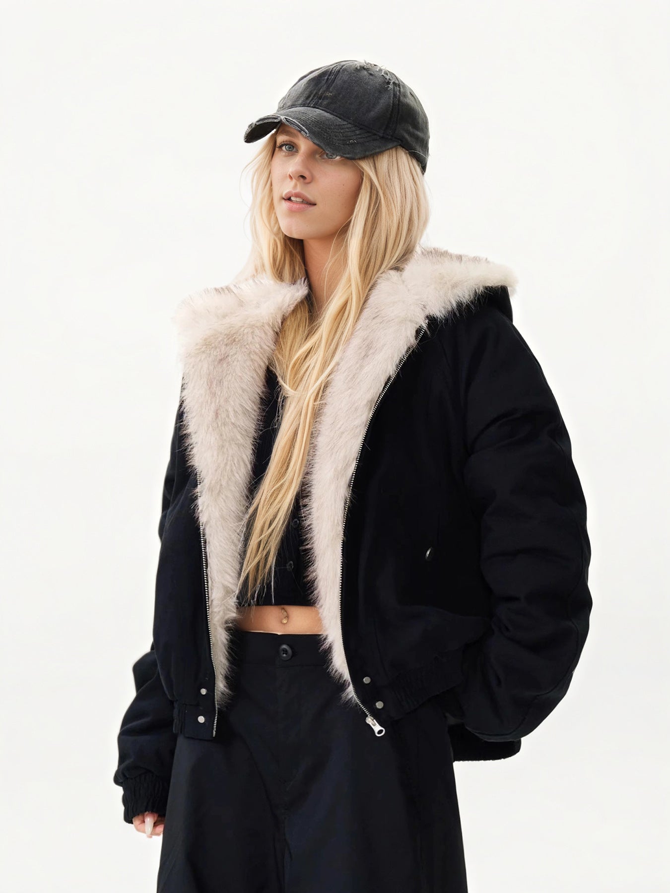 Black Faux Fur-Lined Bomber Jacket