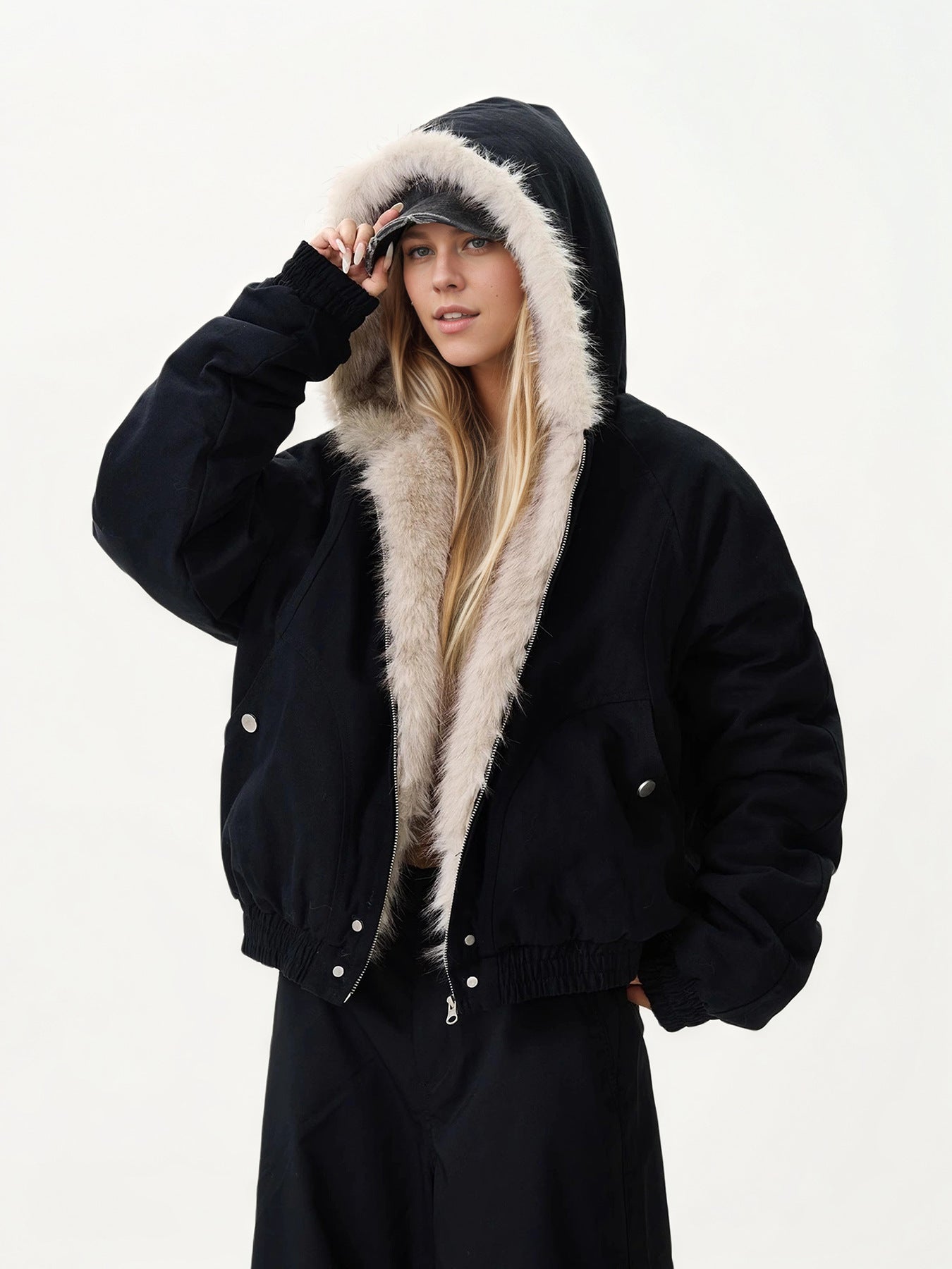 Black Faux Fur-Lined Bomber Jacket