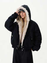 Black Faux Fur-Lined Bomber Jacket