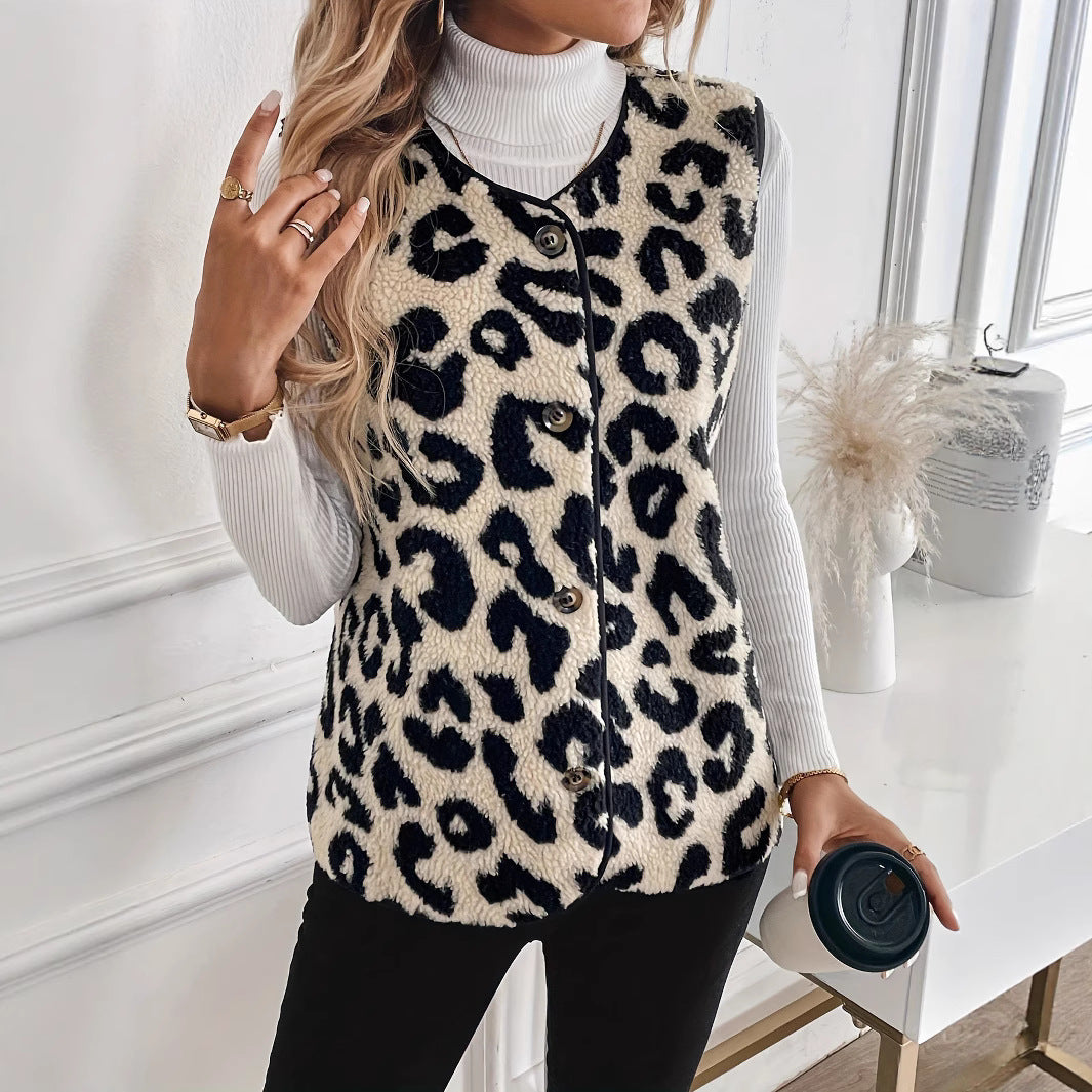 Leopard Print Faux Fur Vest Jacket