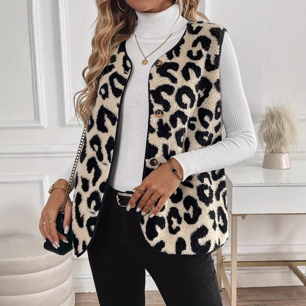 Leopard Print Faux Fur Vest Jacket
