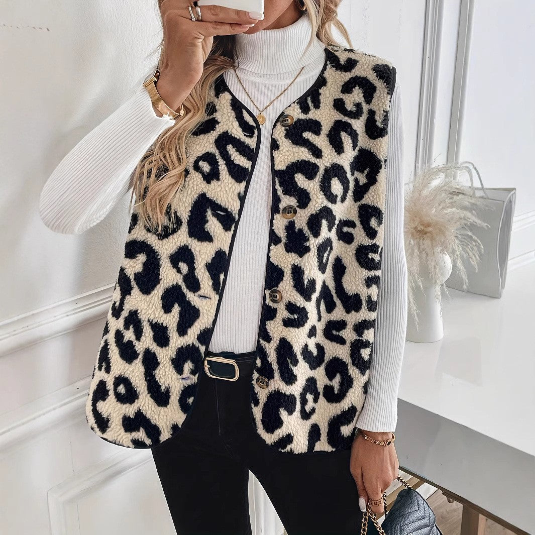 Leopard Print Faux Fur Vest Jacket