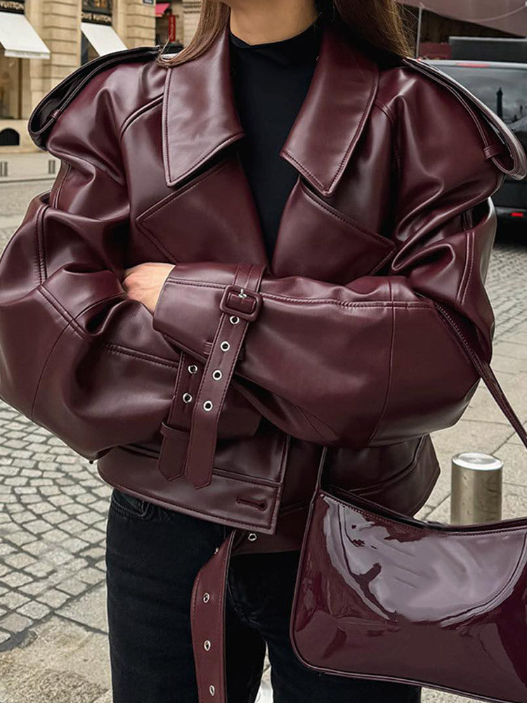 Stylish Wine Red Faux Leather Jacket