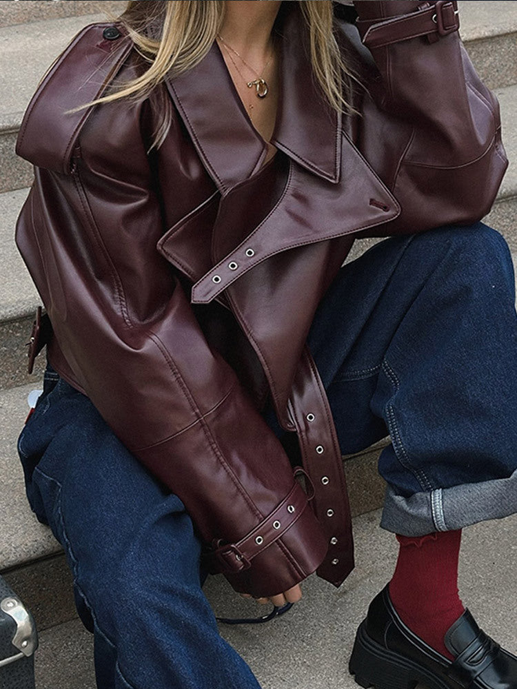 Stylish Wine Red Faux Leather Jacket