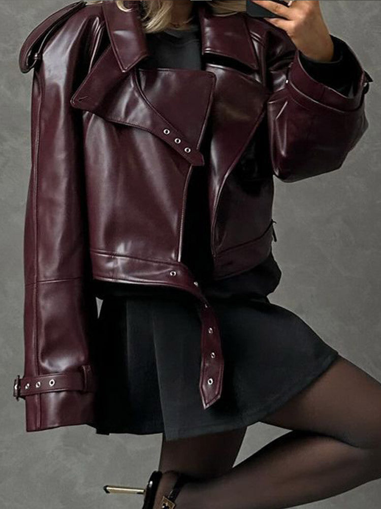 Stylish Wine Red Faux Leather Jacket