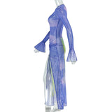 Marble Dress with Flared Sleeves & High Slit