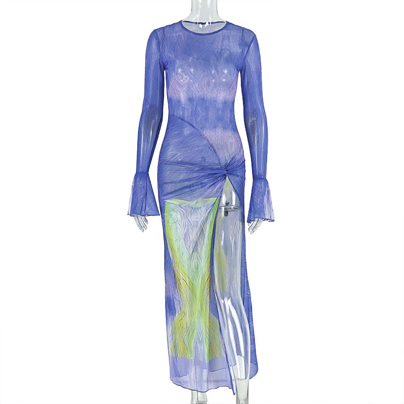 Marble Dress with Flared Sleeves & High Slit