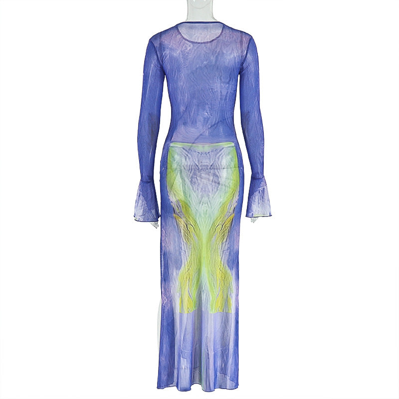 Marble Dress with Flared Sleeves & High Slit