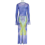 Marble Dress with Flared Sleeves & High Slit