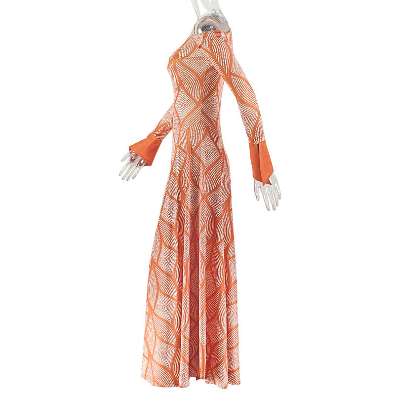 Off-Shoulder Orange Patterned Dress