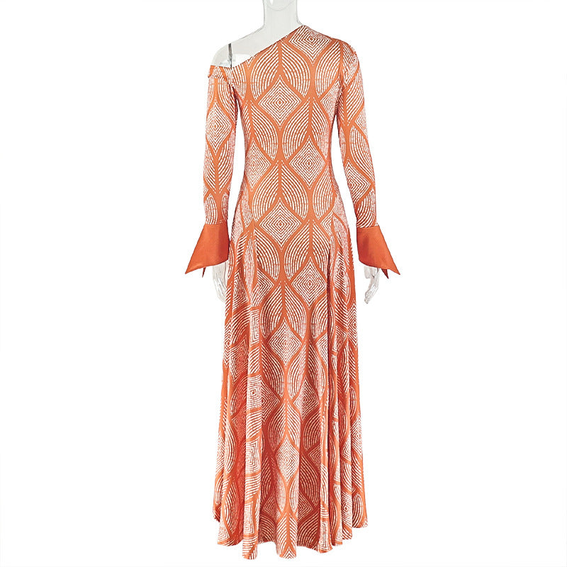 Off-Shoulder Orange Patterned Dress