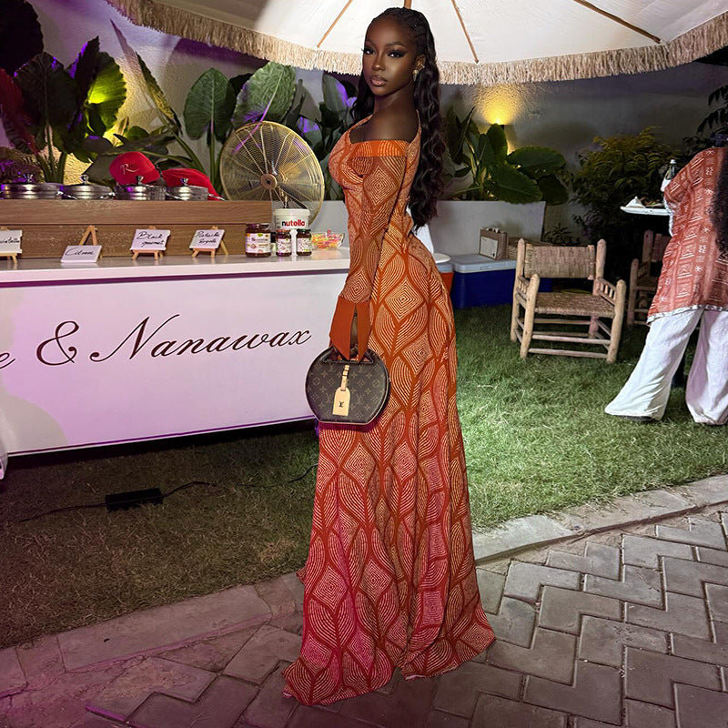 Off-Shoulder Orange Patterned Dress