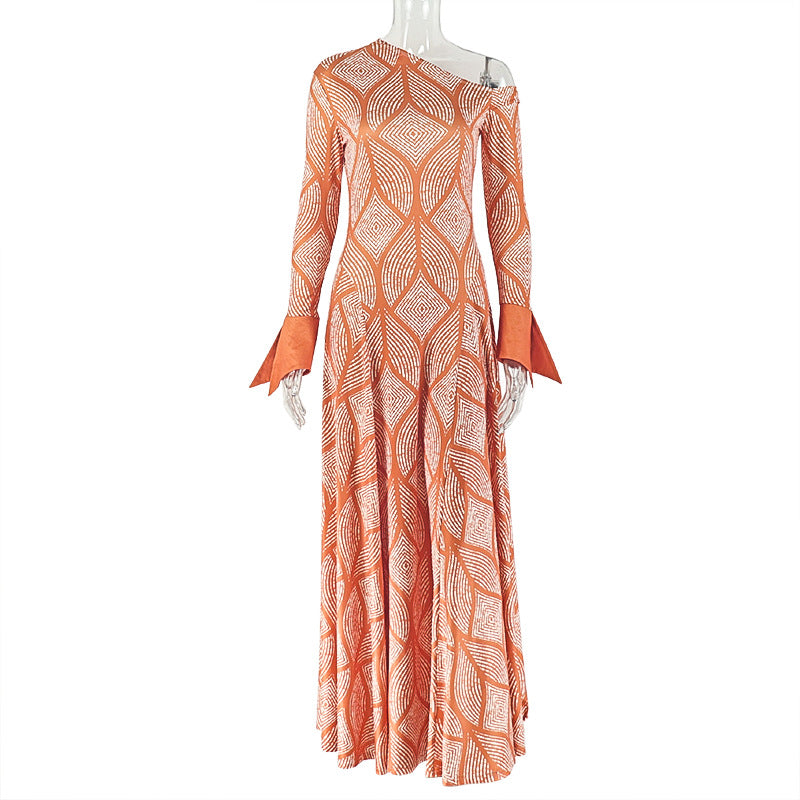 Off-Shoulder Orange Patterned Dress