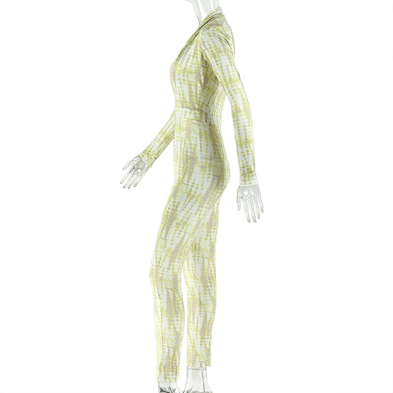 Checkered Jumpsuit with Deep V Neck