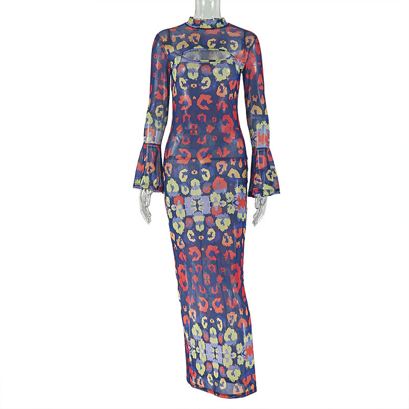 Vibrant Print Maxi Dress with Flared Sleeves