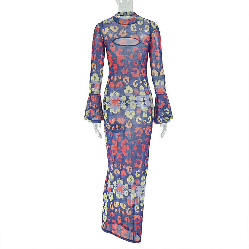 Vibrant Print Maxi Dress with Flared Sleeves