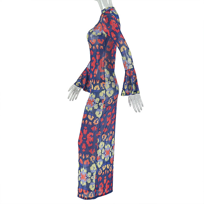 Vibrant Print Maxi Dress with Flared Sleeves