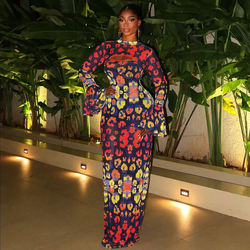 Vibrant Print Maxi Dress with Flared Sleeves