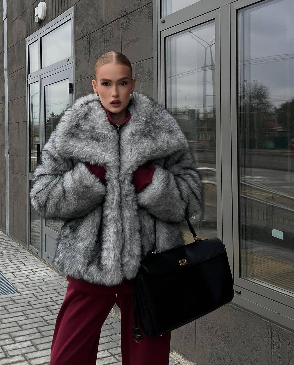 Luxurious Grey Faux Fur Jacket