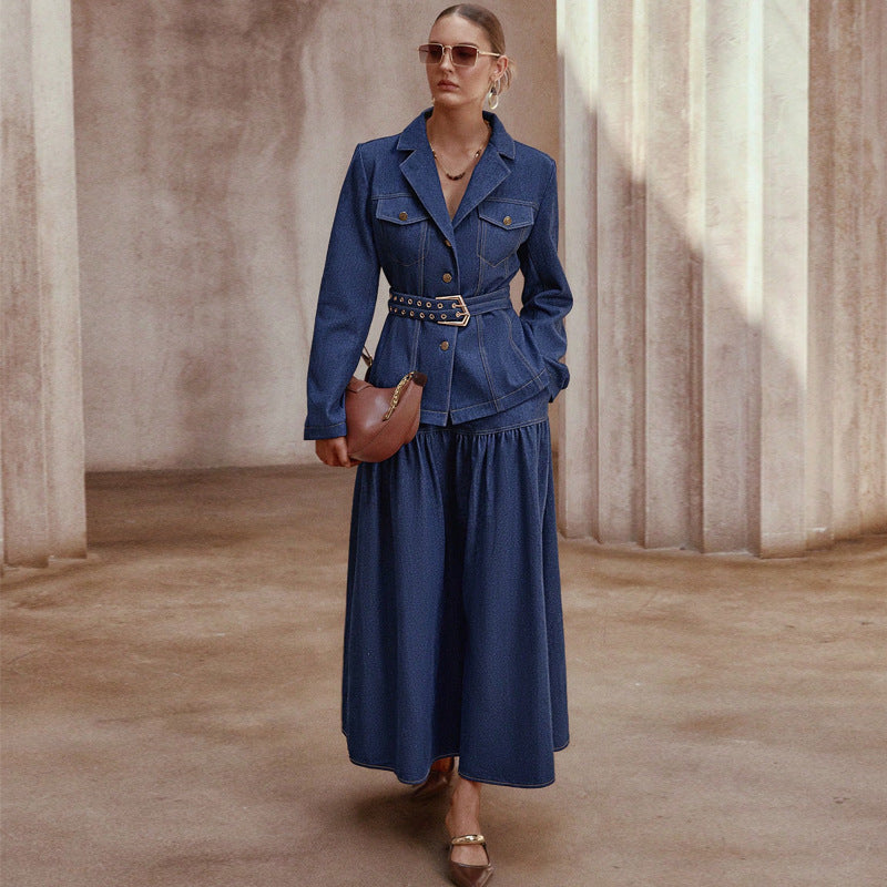 Elegant Belted Blazer with Maxi Skirt Set