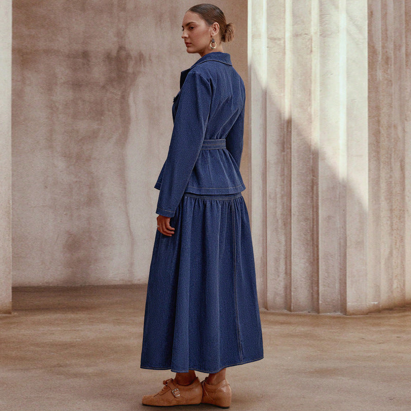 Elegant Belted Blazer with Maxi Skirt Set