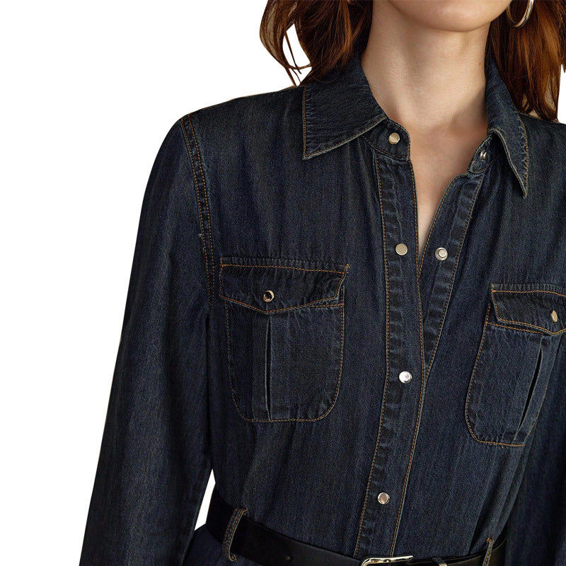 Denim Maxi Dress with Belted Waist