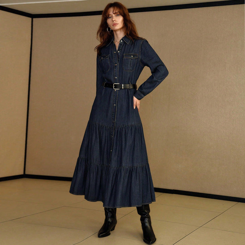 Denim Maxi Dress with Belted Waist