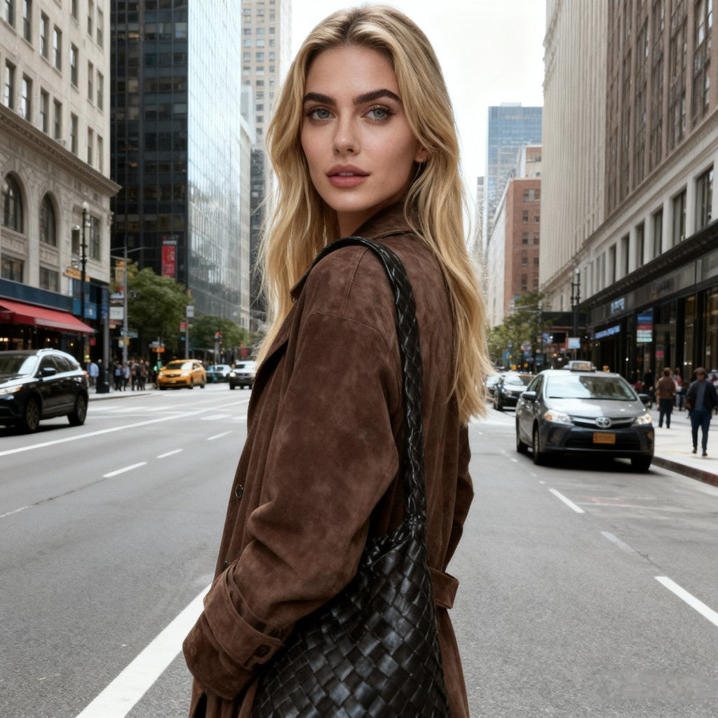 معطف ترنش بني طويل كلاسيكي مع حزام