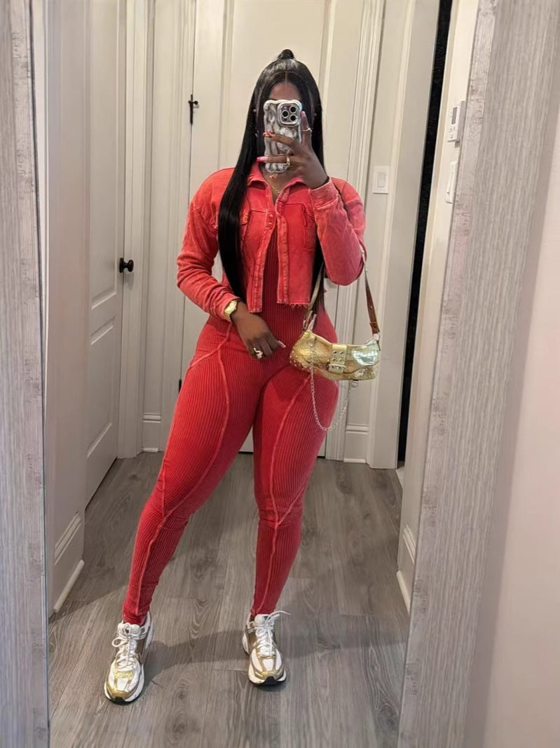 Ribbed Jumpsuit with Cropped Jacket