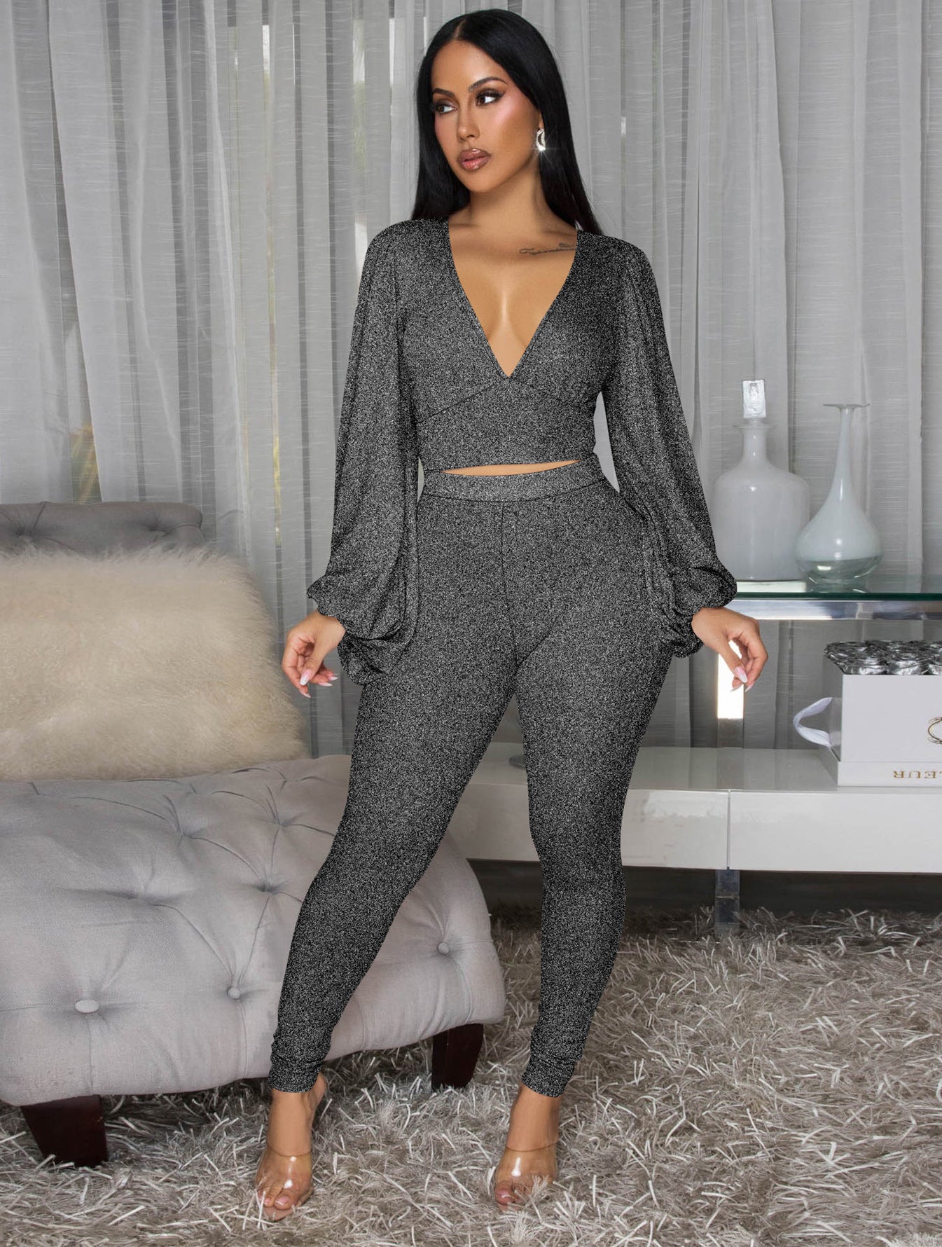 Glitter Cropped Top & Slim Pants Set