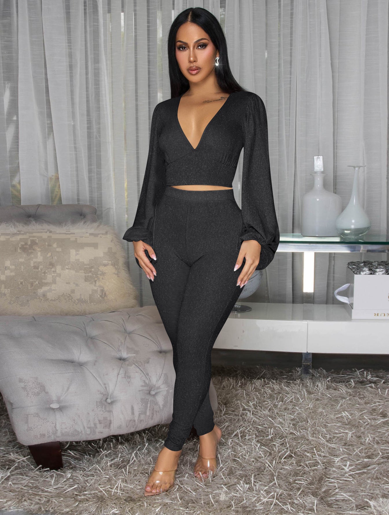 Glitter Cropped Top & Slim Pants Set