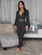 Glitter Cropped Top & Slim Pants Set