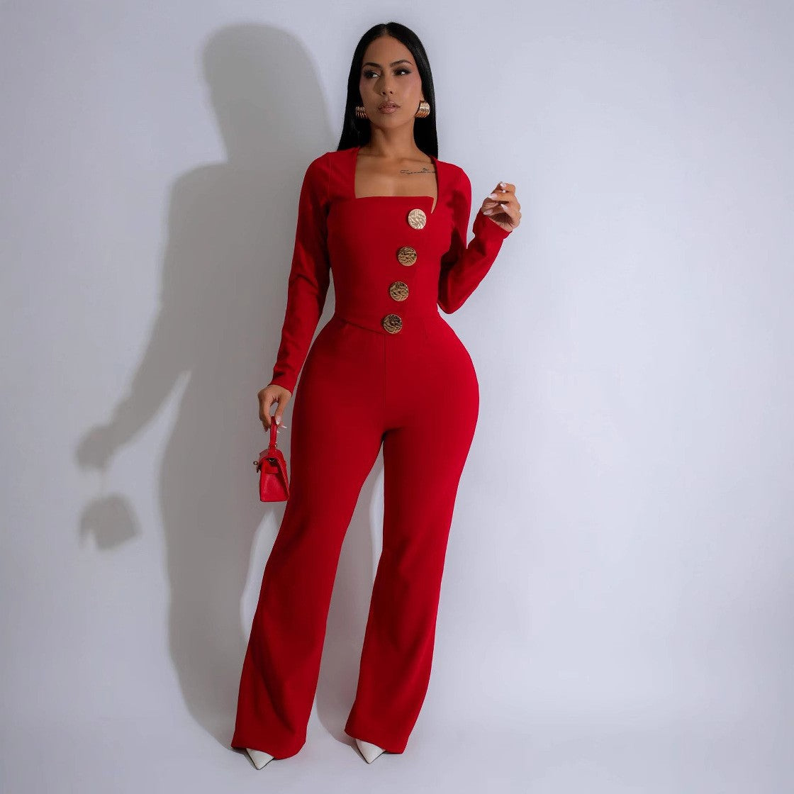Long Sleeve Jumpsuit with Gold Button Details