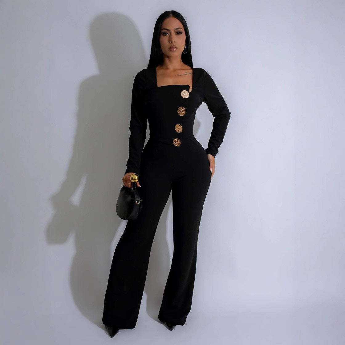 Long Sleeve Jumpsuit with Gold Button Details