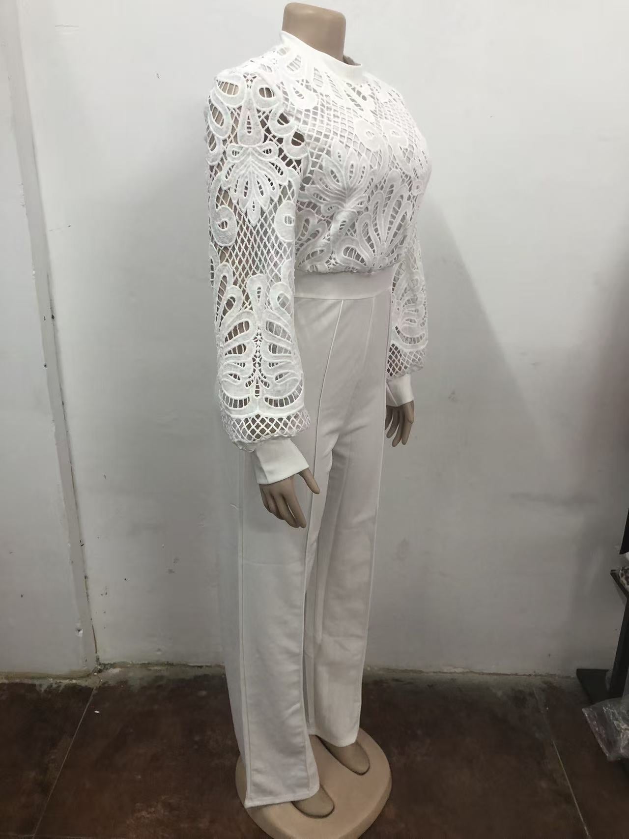 White Lace High-Waisted Wide-Leg Jumpsuit