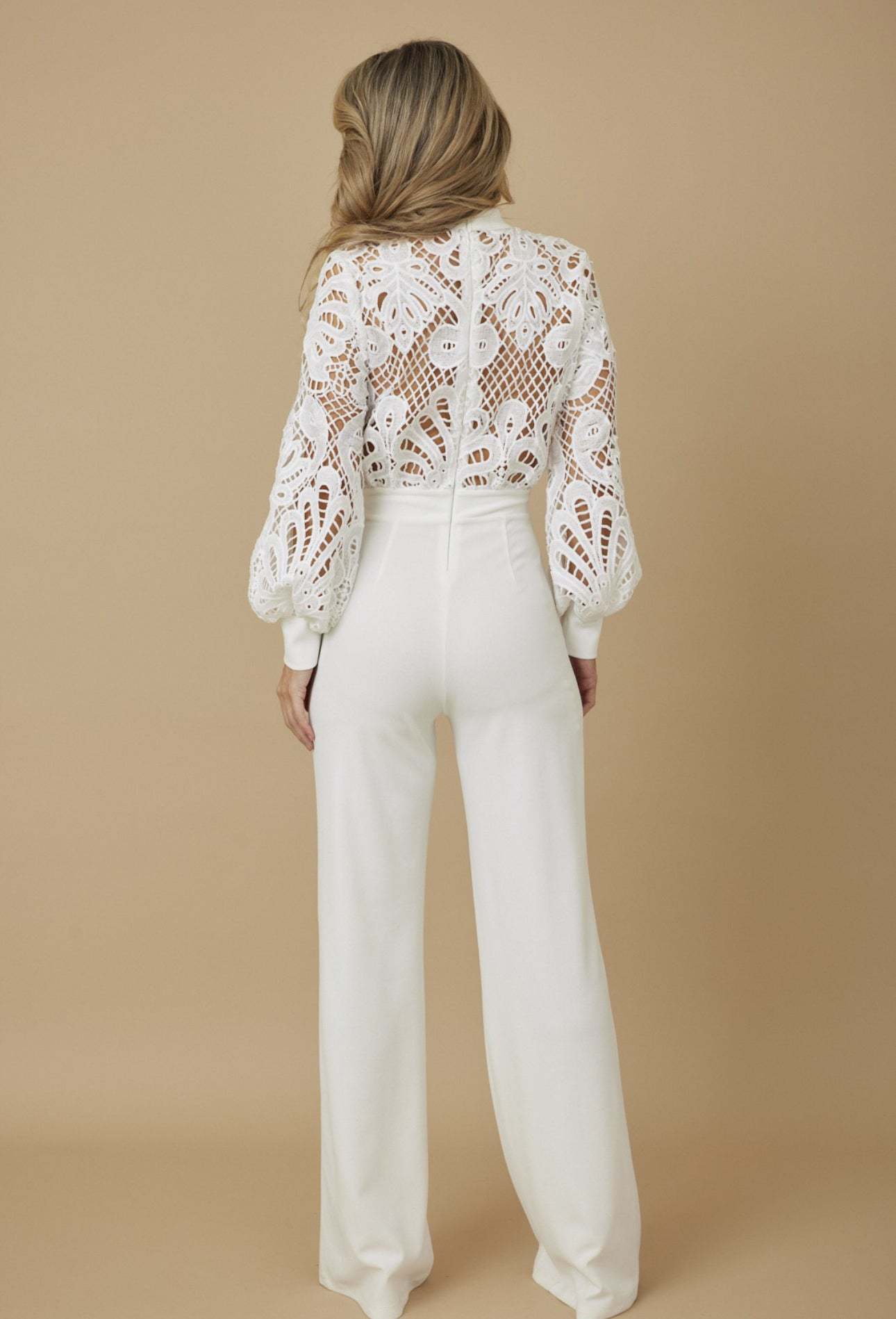 White Lace High-Waisted Wide-Leg Jumpsuit