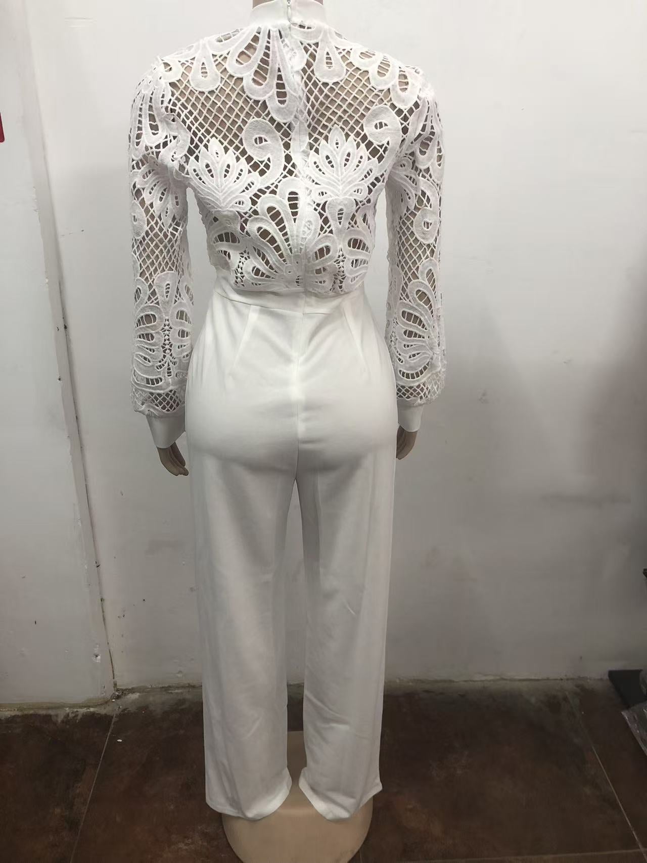 White Lace High-Waisted Wide-Leg Jumpsuit