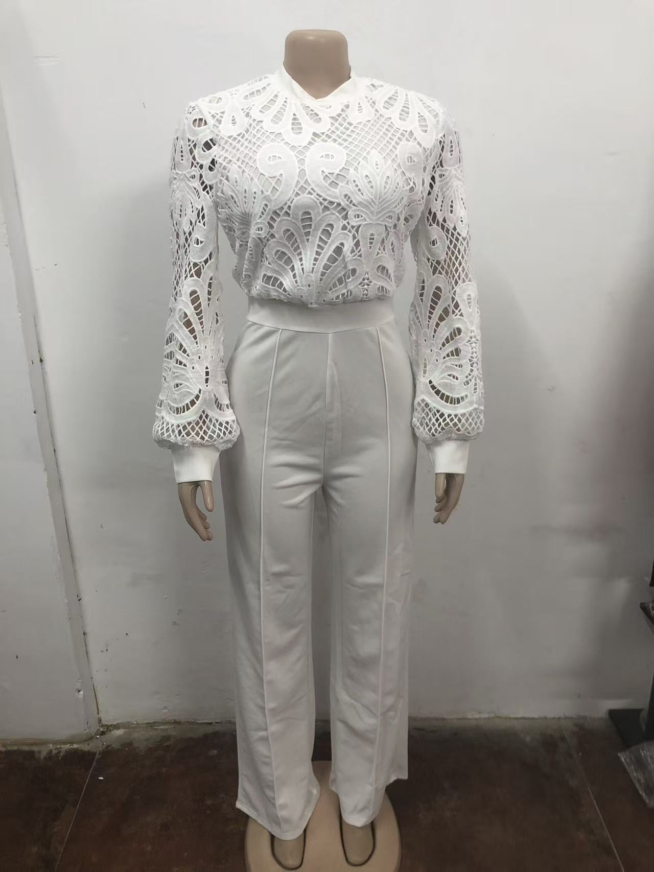 White Lace High-Waisted Wide-Leg Jumpsuit