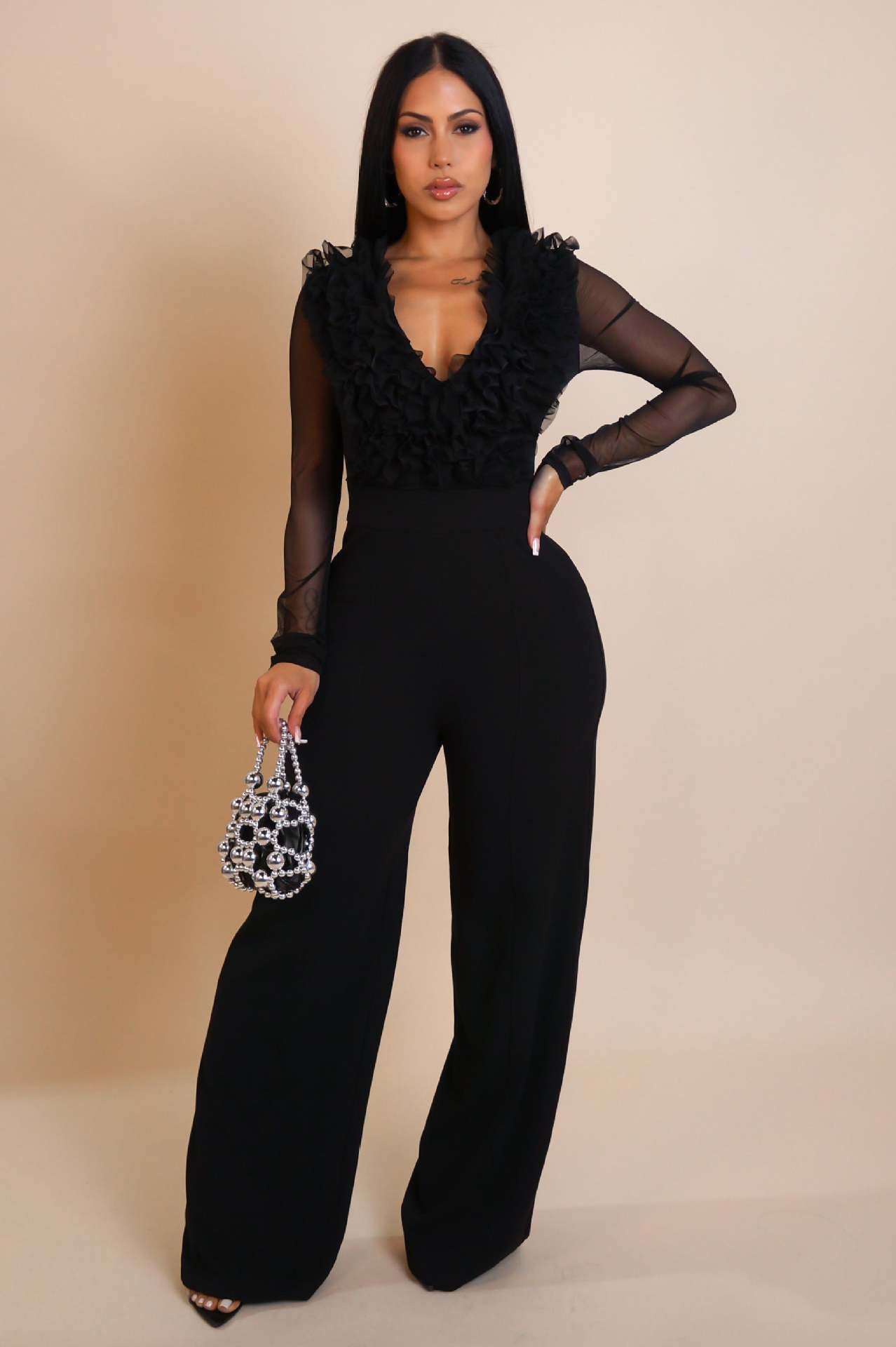 Ruffled Detail Jumpsuit with Wide-Leg