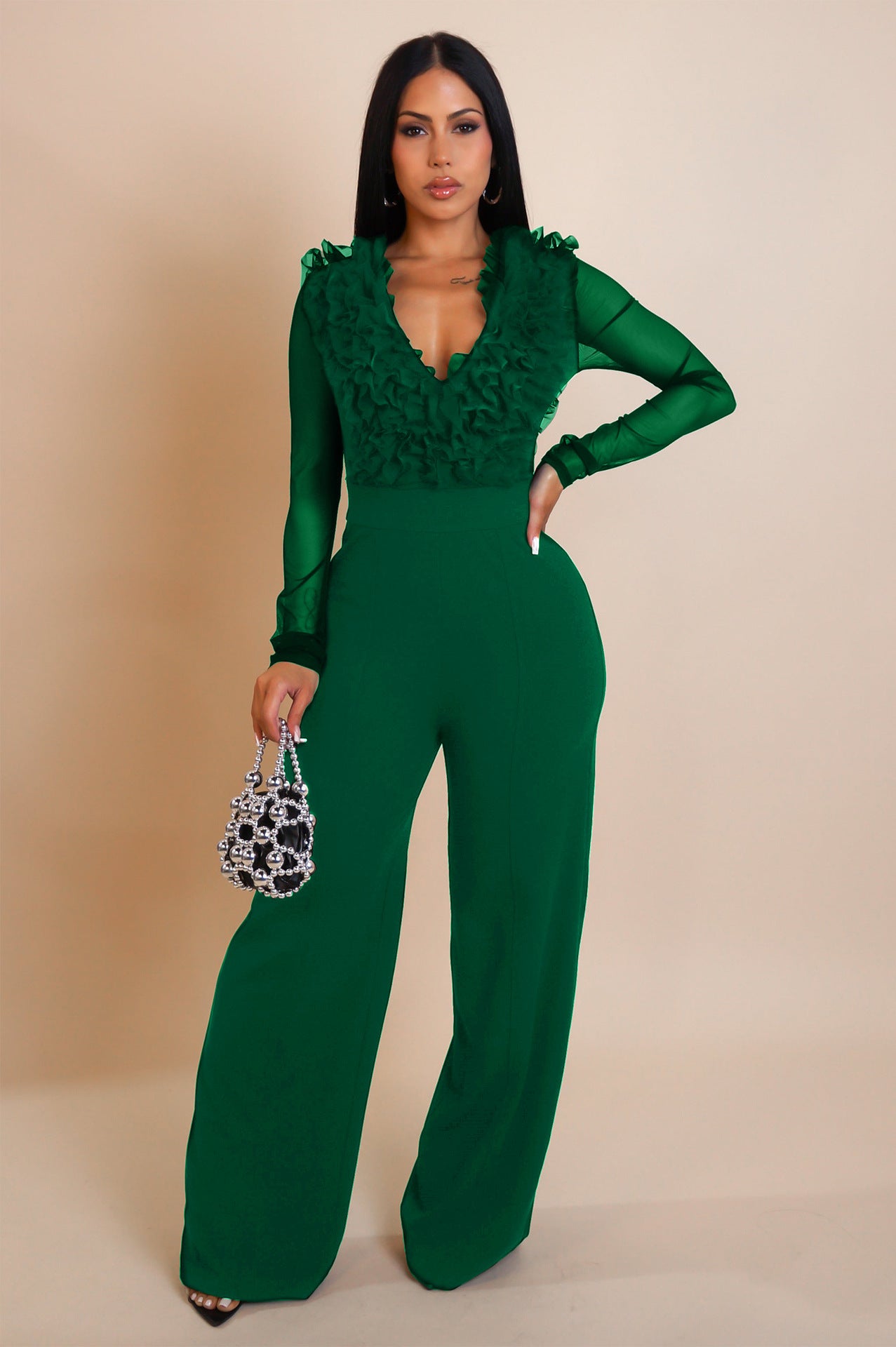 Ruffled Detail Jumpsuit with Wide-Leg
