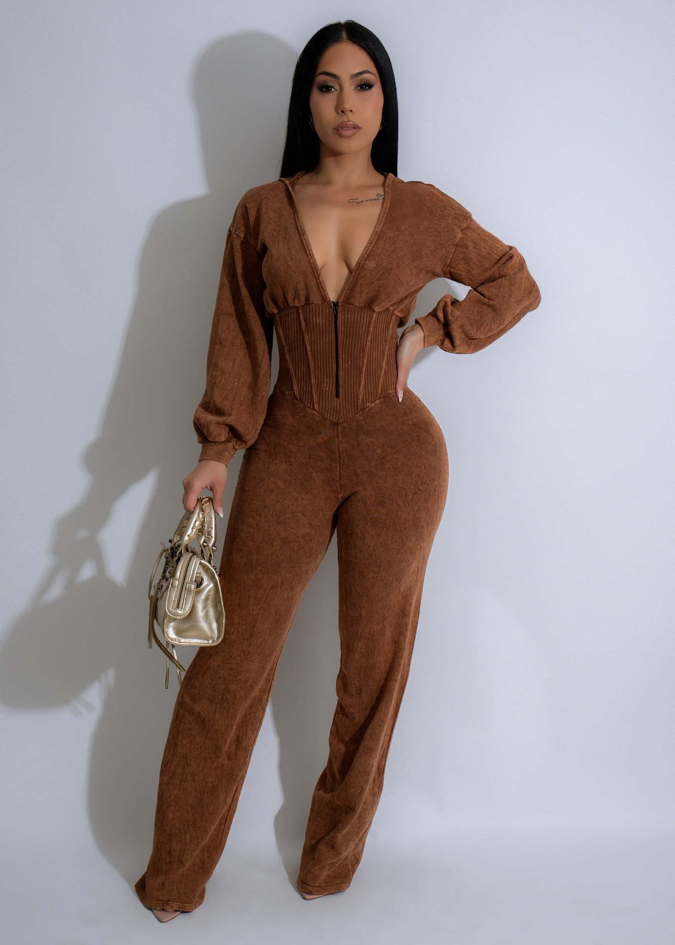 Stylish Velour Jumpsuit with Corset Detail