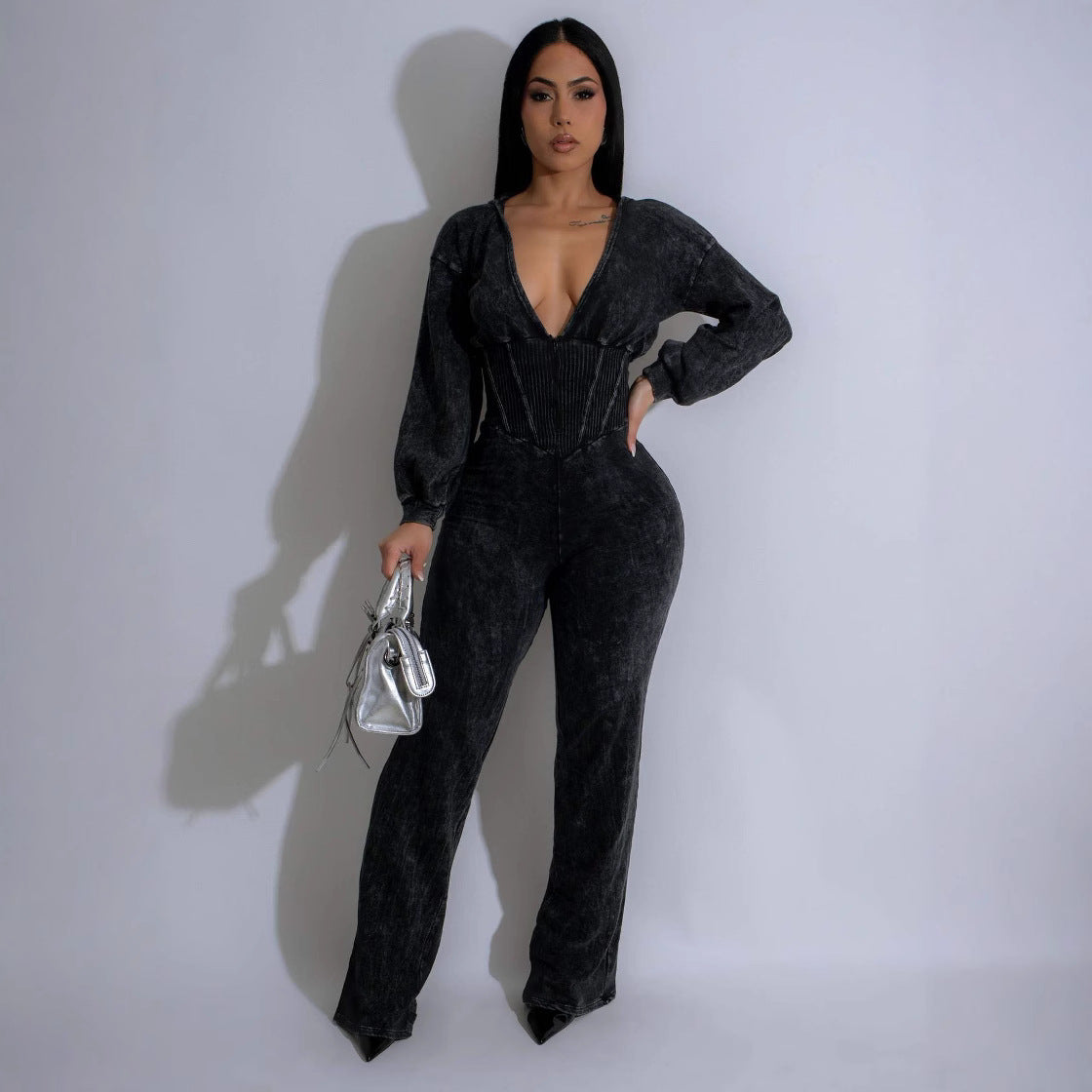 Stylish Velour Jumpsuit with Corset Detail