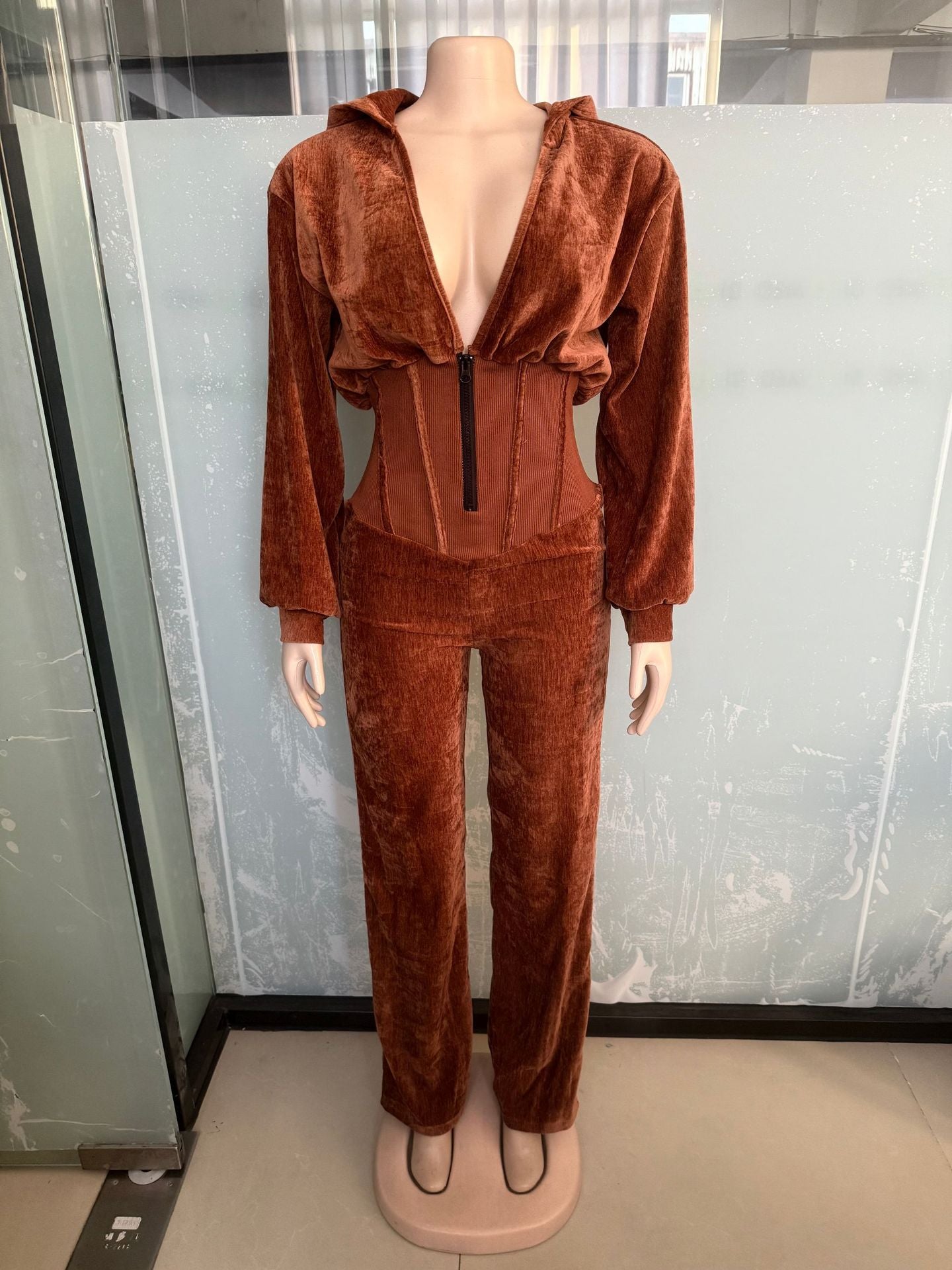 Stylish Velour Jumpsuit with Corset Detail