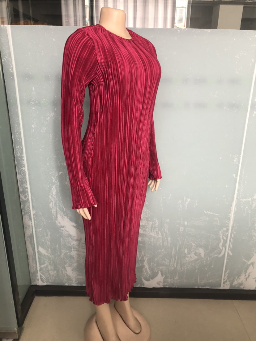 Vibrant Pleated Long Sleeve Midi Dress