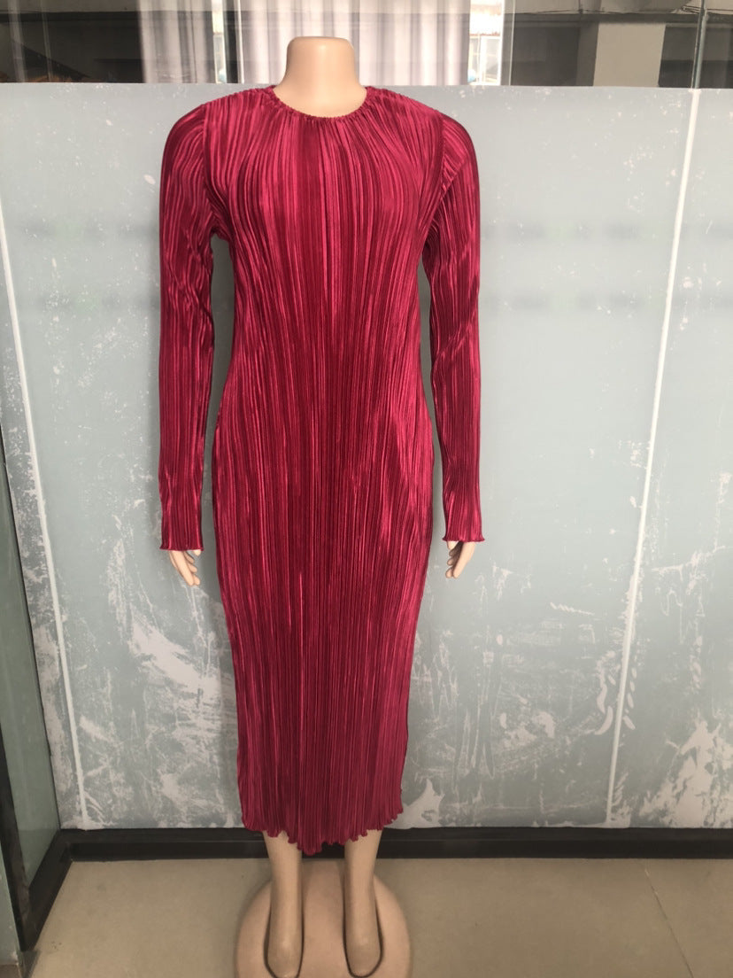 Vibrant Pleated Long Sleeve Midi Dress
