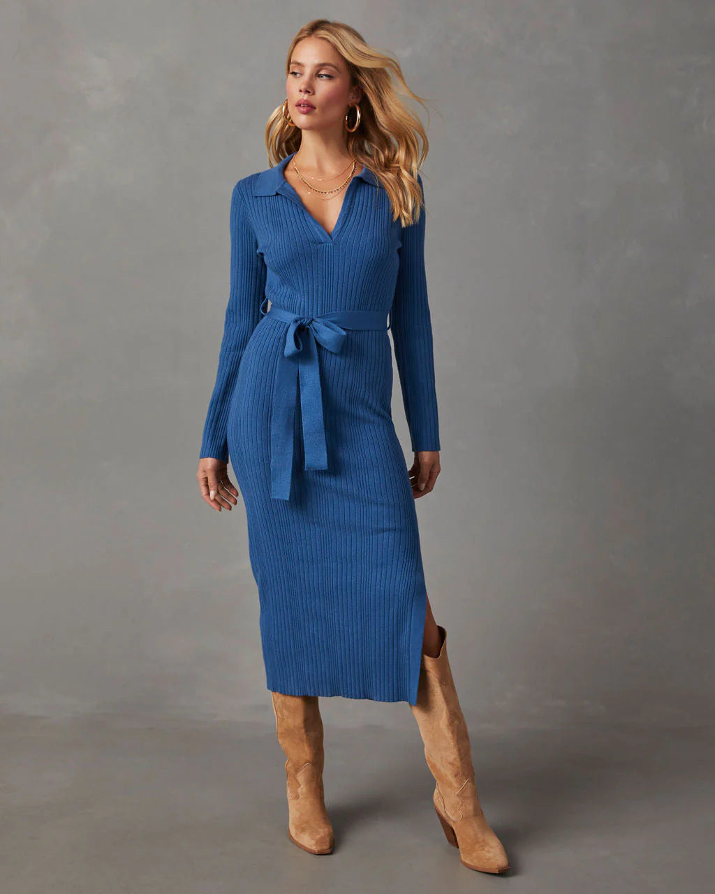 Elegant Ribbed Dress with Tie Waist