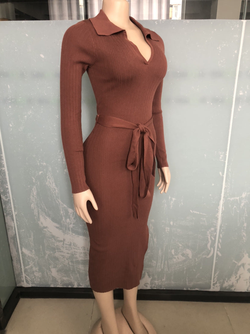 Elegant Ribbed Dress with Tie Waist