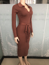Elegant Ribbed Dress with Tie Waist