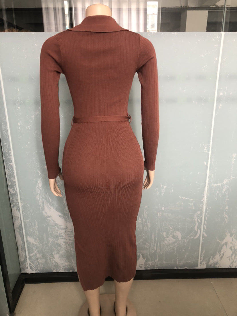 Elegant Ribbed Dress with Tie Waist
